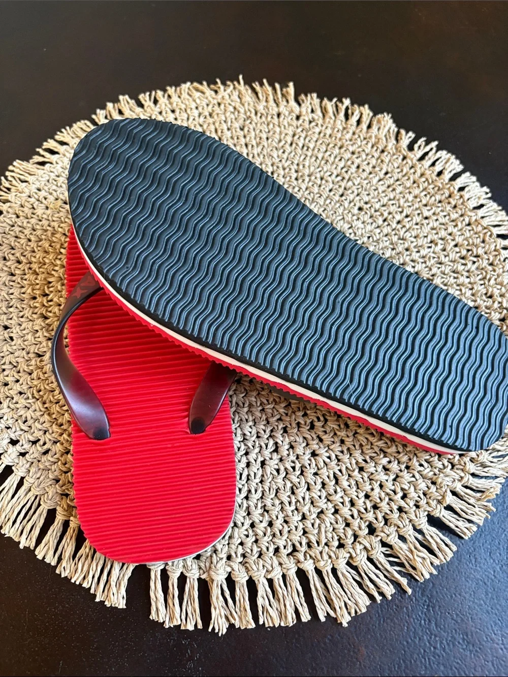 Red Ribbed Flip Flops with Dark Brown Straps